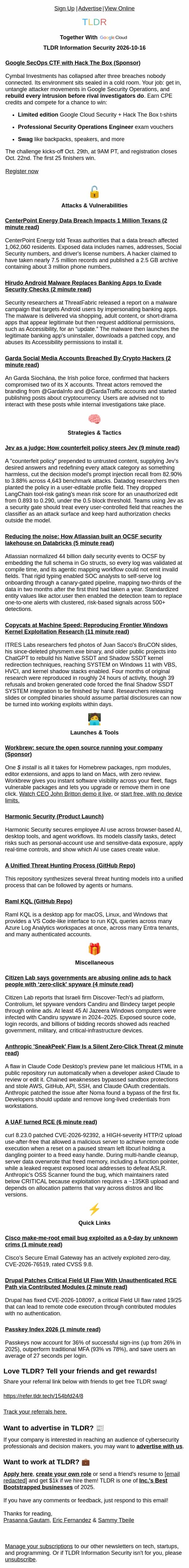 CenterPoint 1M leak ⚡, Claude 0-click flaw 🤖, curl HTTP/2 UAF RCE 🐛 email from TLDR Cybersecurity screenshot