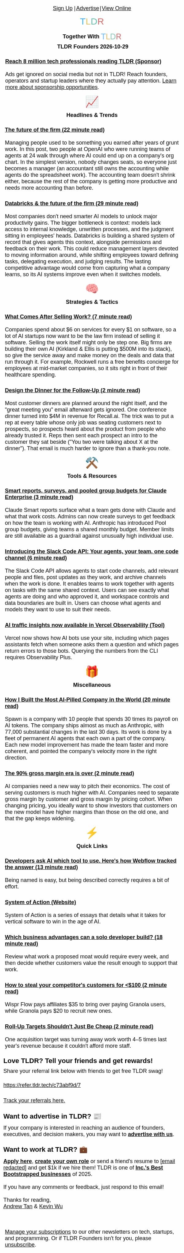 Future of the firm 🤖, stealing customers 🧠, services eat software 💼 email from TLDR Cybersecurity screenshot