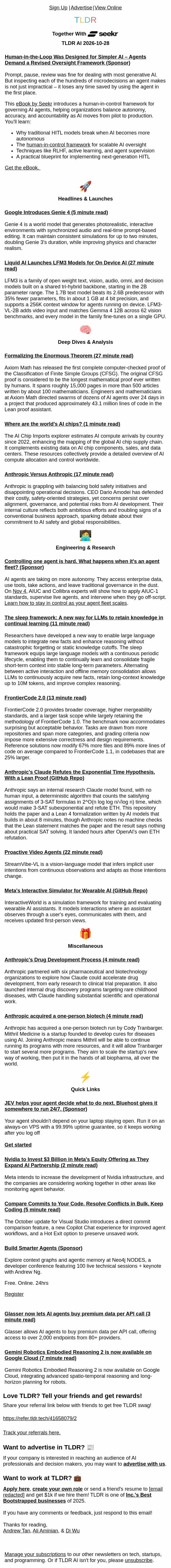 Genie 4 worlds 🌍, Frontier Code 2 👨💻, AI drug discovery 🧬 email from TLDR Cybersecurity screenshot