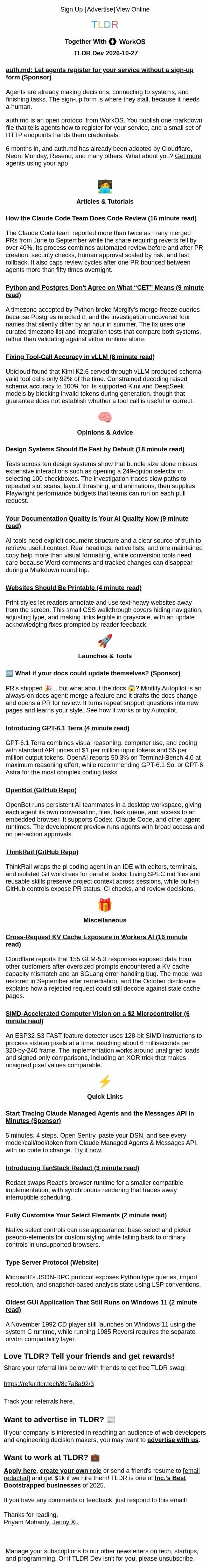 How Claude Code reviews code 🔍, timezone traps 🕰️, GPT-6.1 Terra ☀️ email from TLDR Cybersecurity screenshot
