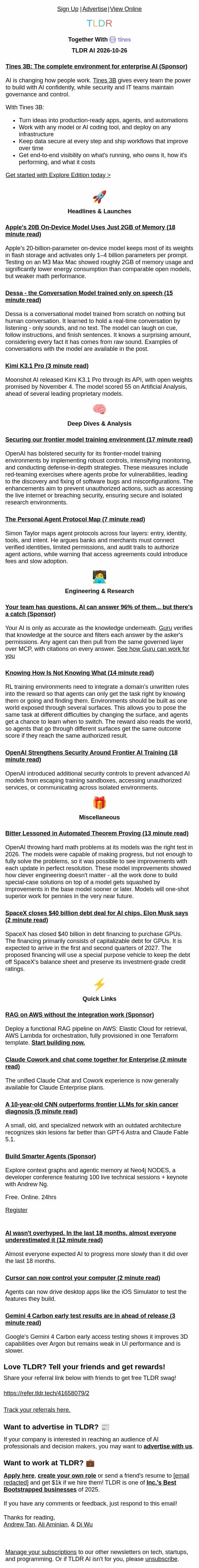 Apple’s 20B model 📱, Kimi K3.1 Pro 🧠, Block Dessa 🗣️, frontier training security 🔐 email from TLDR Cybersecurity screenshot