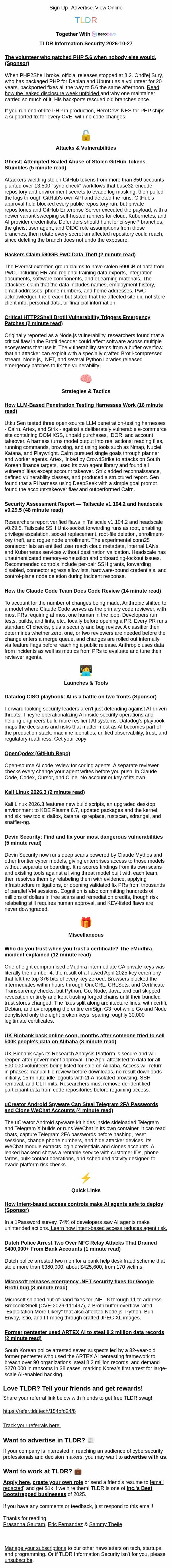 HTTP2Shell Brotli Vulnerability π¨, PwC 590GB data theft πΌ, Tailscale SSH Root Flaw π email from TLDR Cybersecurity screenshot