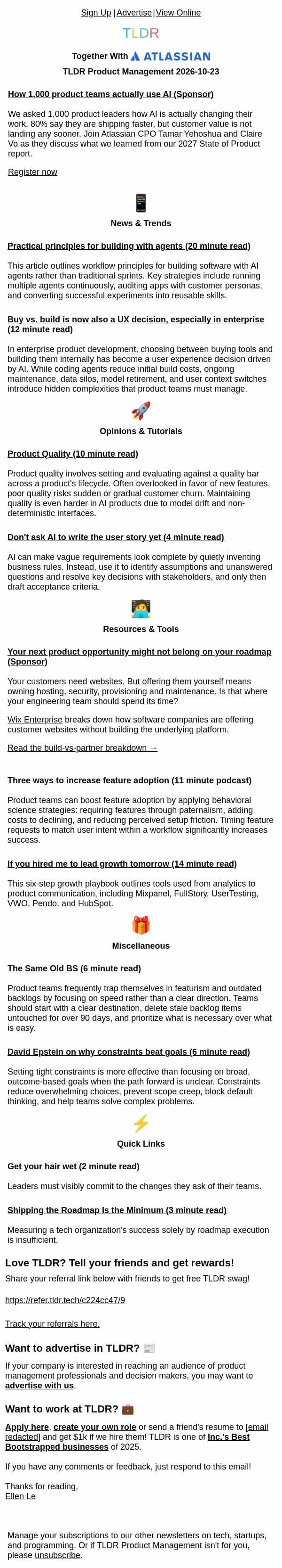 Building with agents 🦾, buy vs. build 🧩, don’t ask AI to write the user story yet 📝 email from TLDR Cybersecurity screenshot