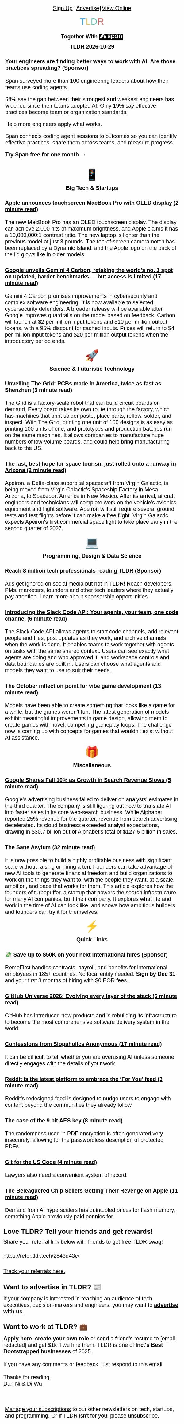 Touchscreen MacBook Pro π», Gemini 4 Carbon π€, Slack Code API π¨βπ» email from TLDR Cybersecurity screenshot