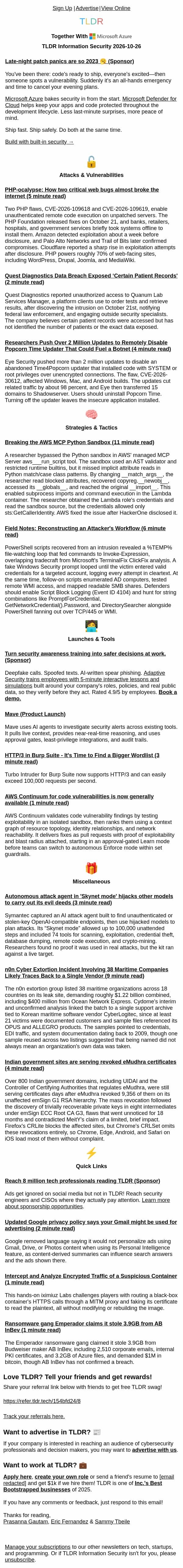 Popcorn Time botnet πΏ, AWS MCP sandbox hack βοΈ, Indian Govt using revoked eMudhra certs π email from TLDR Cybersecurity screenshot