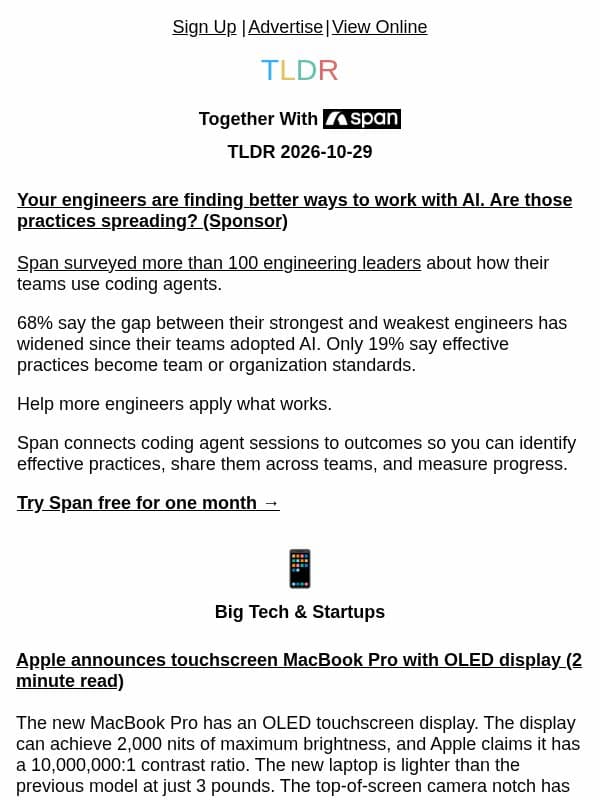 Touchscreen MacBook Pro π», Gemini 4 Carbon π€, Slack Code API π¨βπ» email from TLDR Cybersecurity