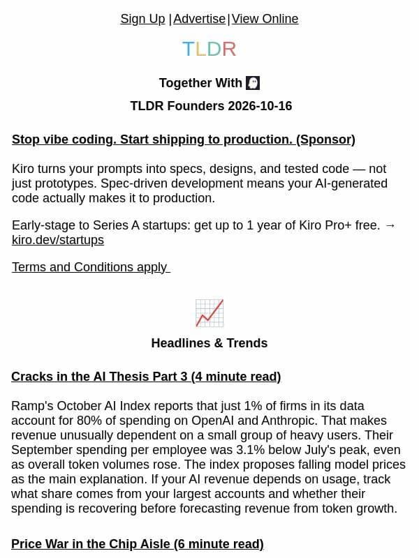 AI spend concentration 💸, model price war ⚔️, human outbound wins 📞 email from TLDR Cybersecurity