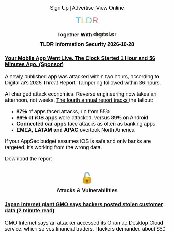 Japan's GMO 27k servers breach π, GLM-5.3 cache exposure π§ , Context bombs π£ email from TLDR Cybersecurity