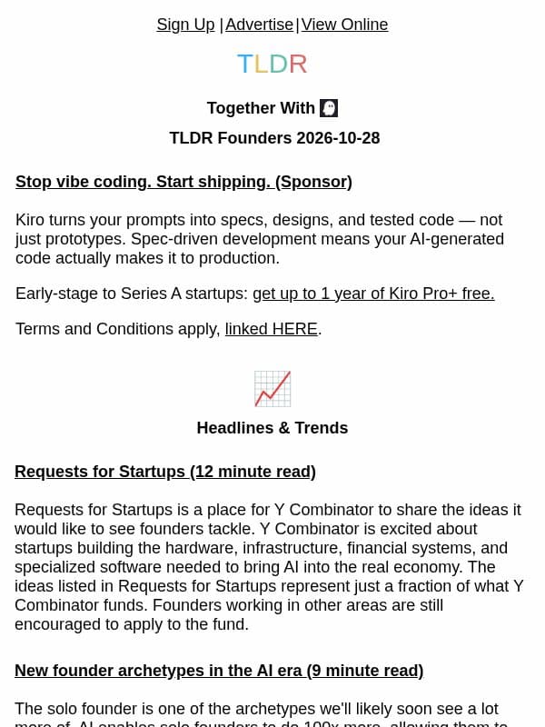 New founder archetypes 💼, YC Request for Startups 🚀, early access playbook 🧪 email from TLDR Cybersecurity
