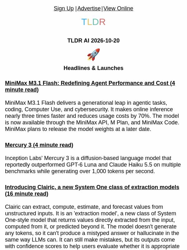 Mercury 3 🤖, MiniMax Flash 3.1 ⚡, Exa 3 🔎 email from TLDR Cybersecurity