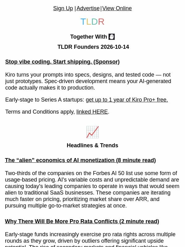 AI monetization 💵, pro rata squeeze 💰, AI teams expand 📈 email from TLDR Cybersecurity