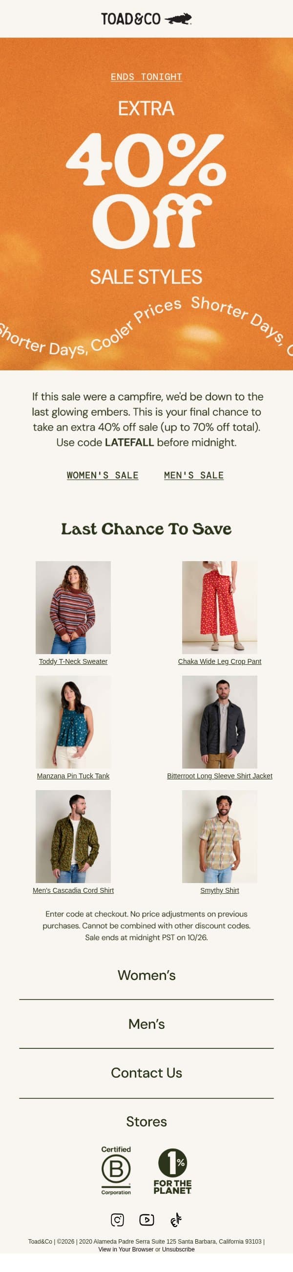 Ends Tonight: Extra 40% Off Sale email from Toad&Co screenshot