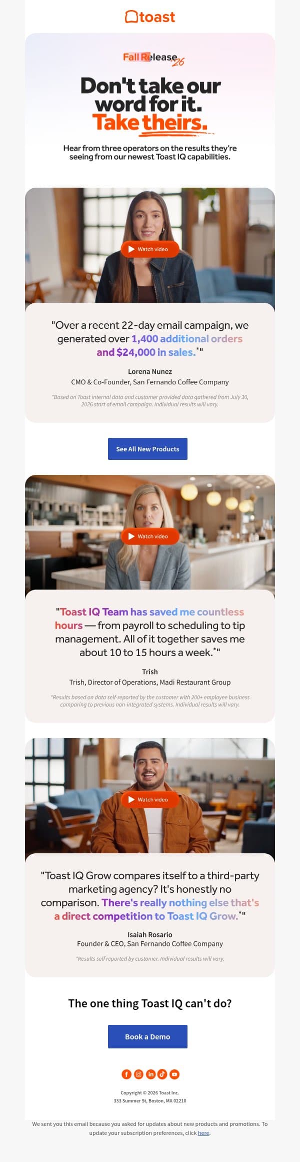 Real operators. Real results. email from Toast screenshot