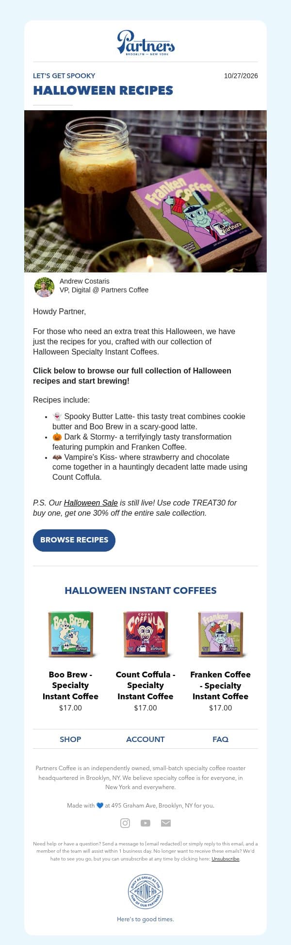 👻 Spook-tacular recipes that fright and delight! email from Toby's Estate Coffee (now Partners Coffee) screenshot