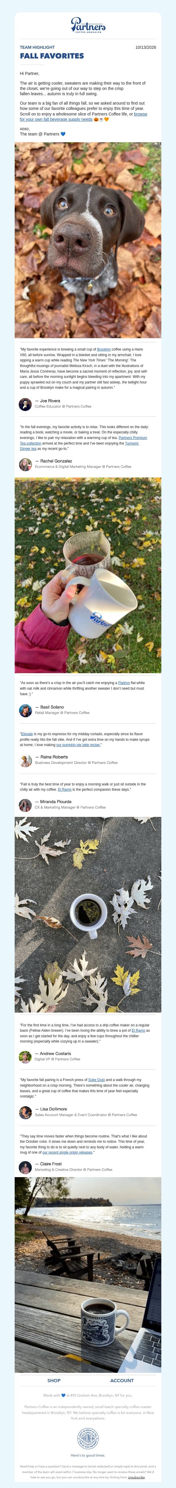 Sharing our team's fall rituals 🧡☕ email from Toby's Estate Coffee (now Partners Coffee) screenshot