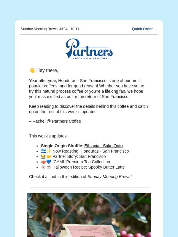 ☕🗞️ A highly-requested coffee returns... email from Toby's Estate Coffee (now Partners Coffee)