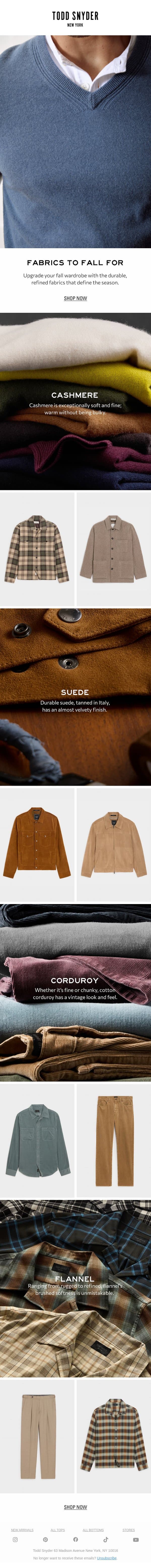 The Fall Fabric Edit email from Todd Snyder screenshot