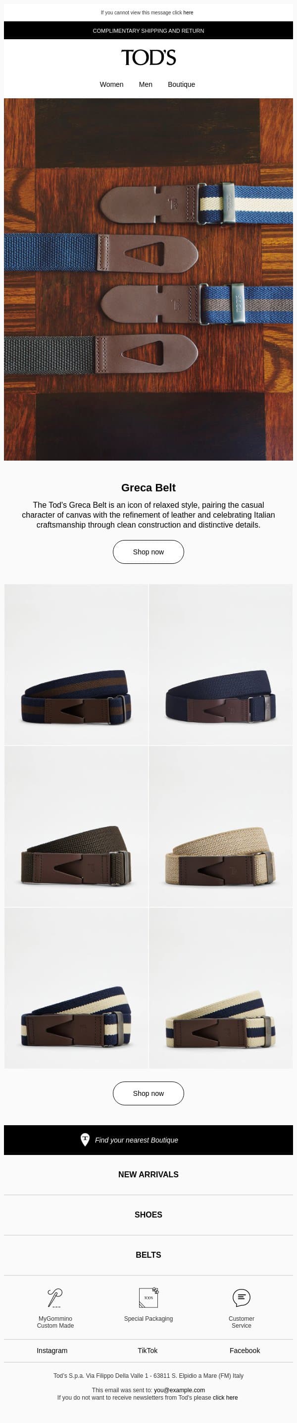Tod's Icons: the Greca Belt email from Tod's screenshot