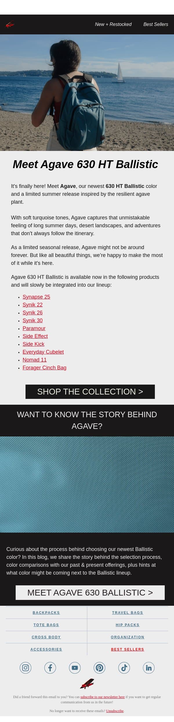 New Color Alert: Meet Agave Ballistic email from Tom Bihn screenshot