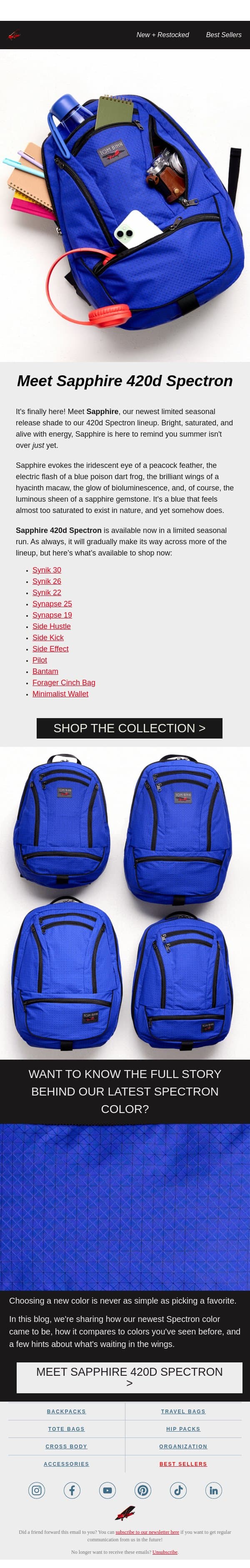 Introducing Sapphire Spectron! 💎 email from Tom Bihn screenshot