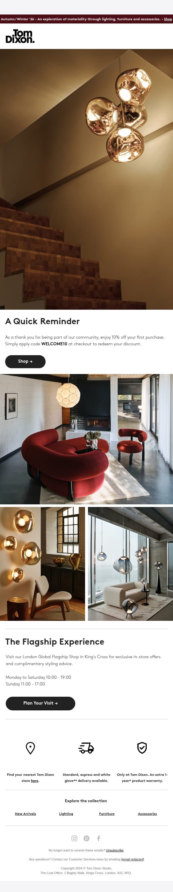A Quick Reminder: Enjoy 10% Off Your First Order email from Tom Dixon screenshot