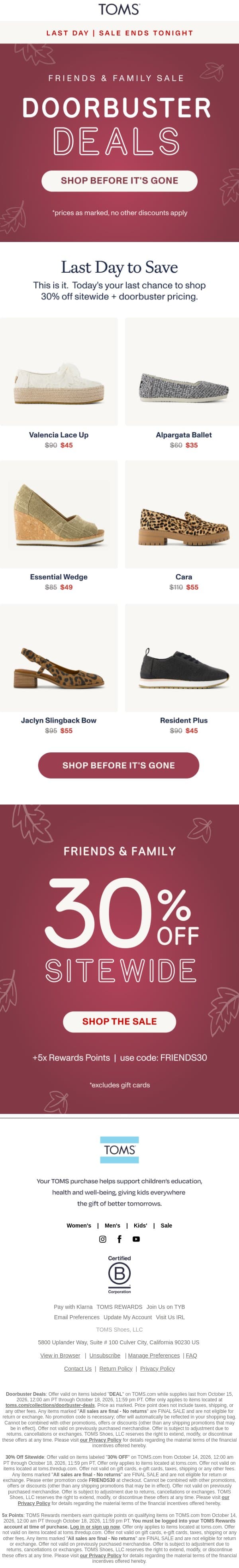 Final Day: Doorbusters from $35 + 5X Points email from TOMS screenshot