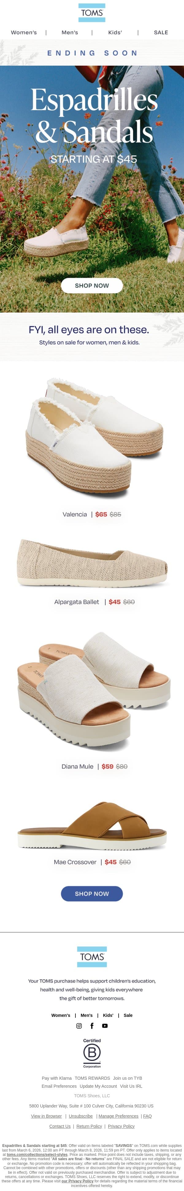 Don't Wait! Spring Styles Starting at $45 email from TOMS screenshot