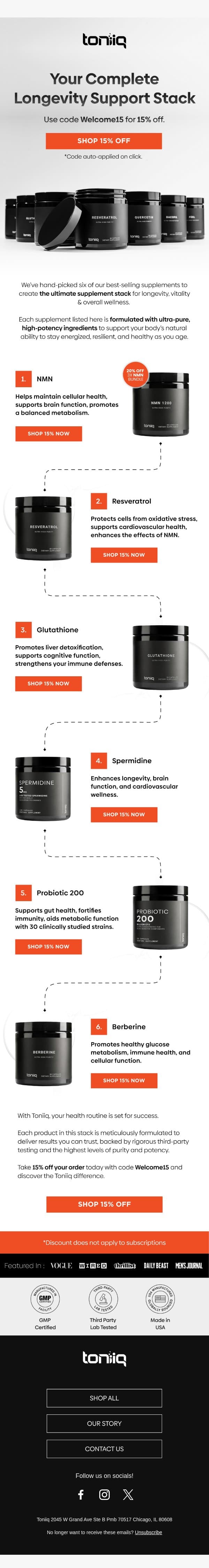 Your Ultimate Longevity Supplement Stack πͺ email from Toniiq screenshot