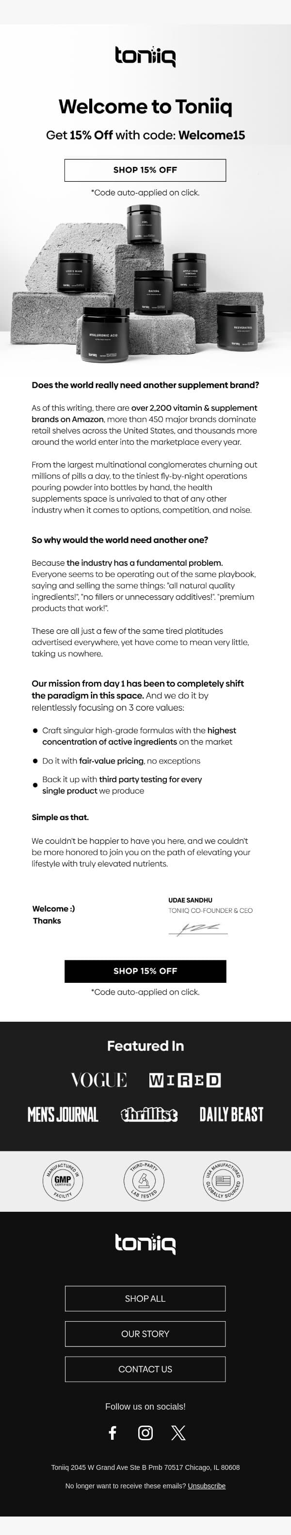 Welcome to Toniiq! 😉 email from Toniiq screenshot