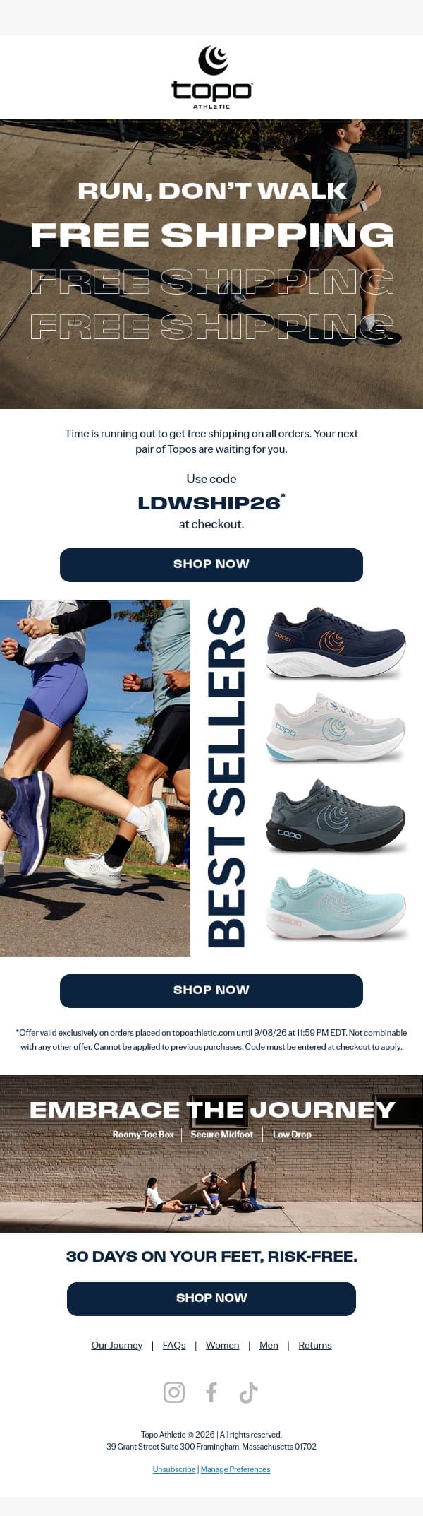 Free Shipping Ends Tomorrow email from Topo Athletic screenshot
