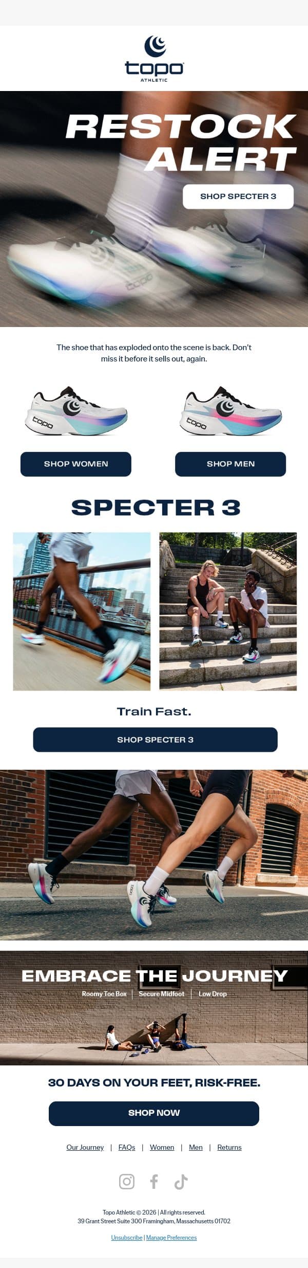 Restock Alert! Specter 3 is back. email from Topo Athletic screenshot