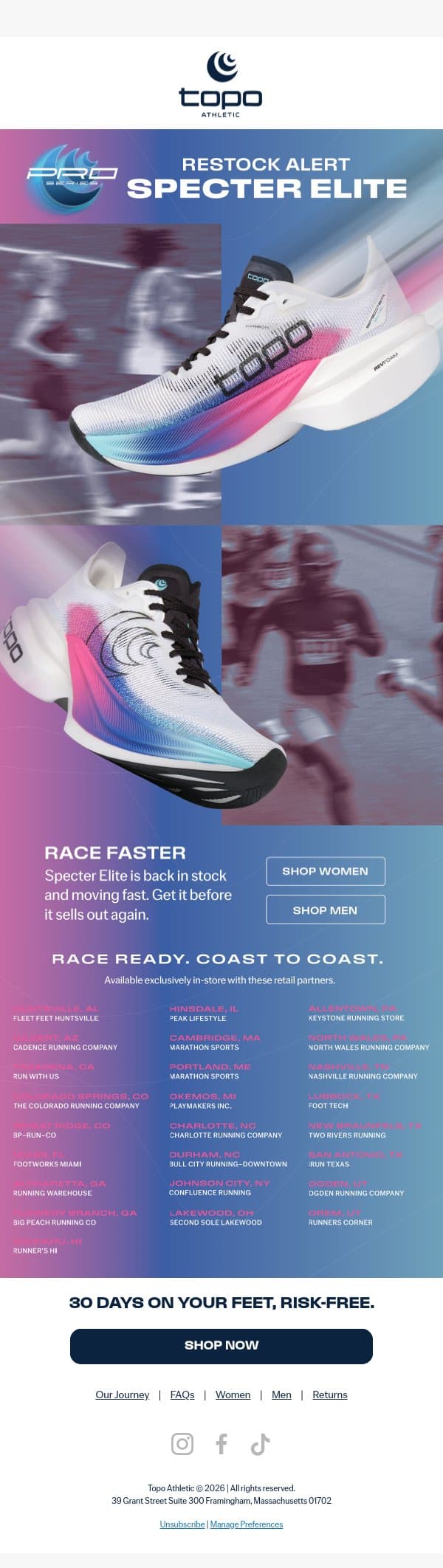 Restock Alert: Specter Elite ⚡ email from Topo Athletic screenshot