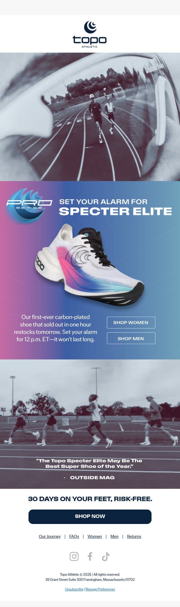 Specter Elite Restock Drops Tomorrow ‼️ email from Topo Athletic screenshot