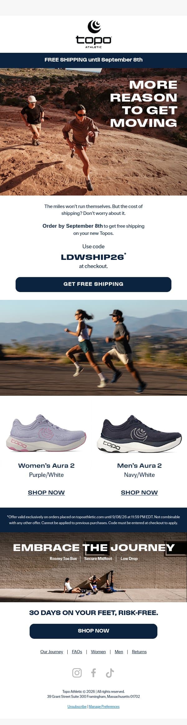 Did someone say free shipping? email from Topo Athletic screenshot
