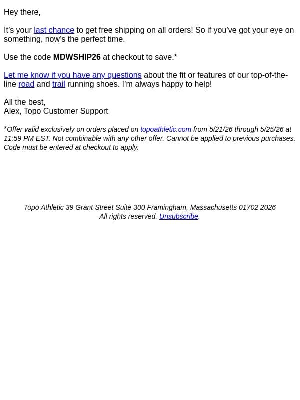 Time Is Running Out to Get Free Shipping email from Topo Athletic