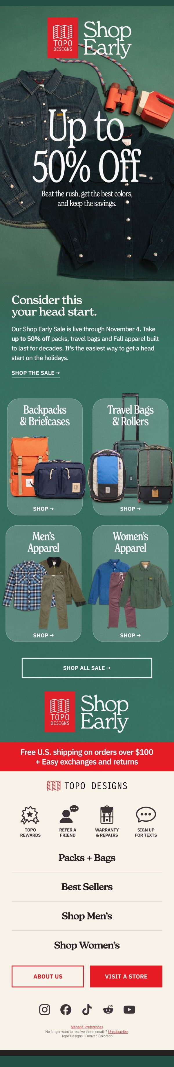 Shop Early Sale: Up to 50% Off Starts Now email from Topo Designs screenshot