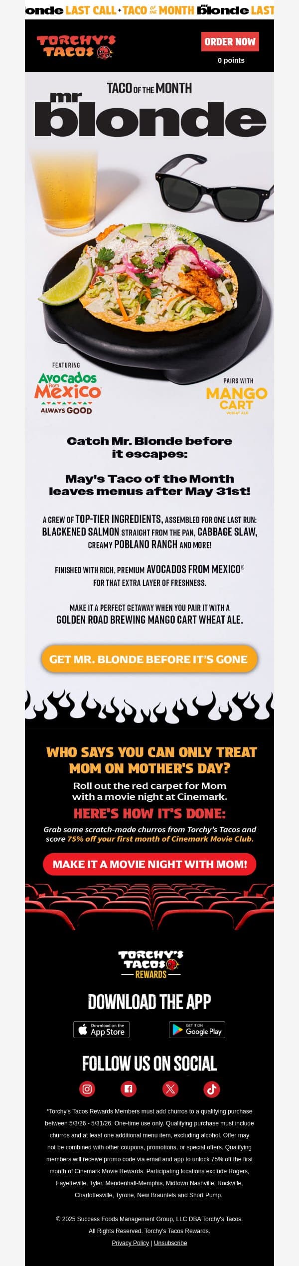 Last Call Before Mr. Blonde Makes Its Getaway email from Torchy's Tacos screenshot