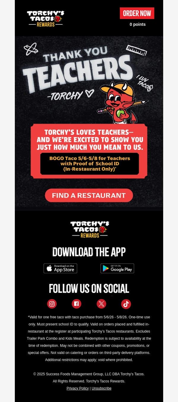 Hey Teachers, This One’s for You! email from Torchy's Tacos screenshot