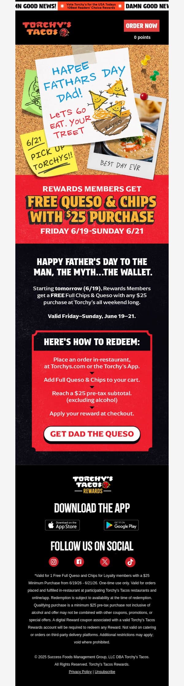 This Is No Dad Joke: It’s FREE Queso 🧀 email from Torchy's Tacos screenshot