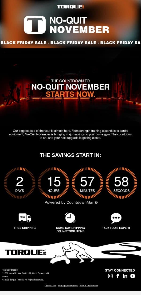 The Black Friday Countdown Begins. email from Torque Fitness screenshot