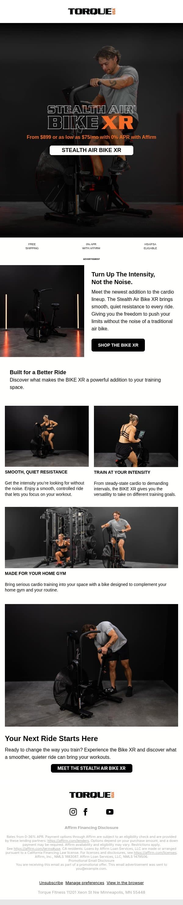The Stealth Air™ Bike XR Has Arrived. email from Torque Fitness screenshot