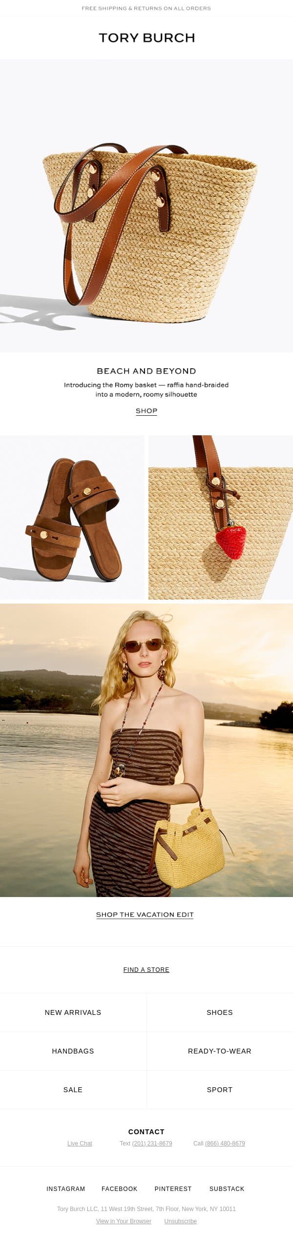 For the beach and beyond email from Tory Burch screenshot