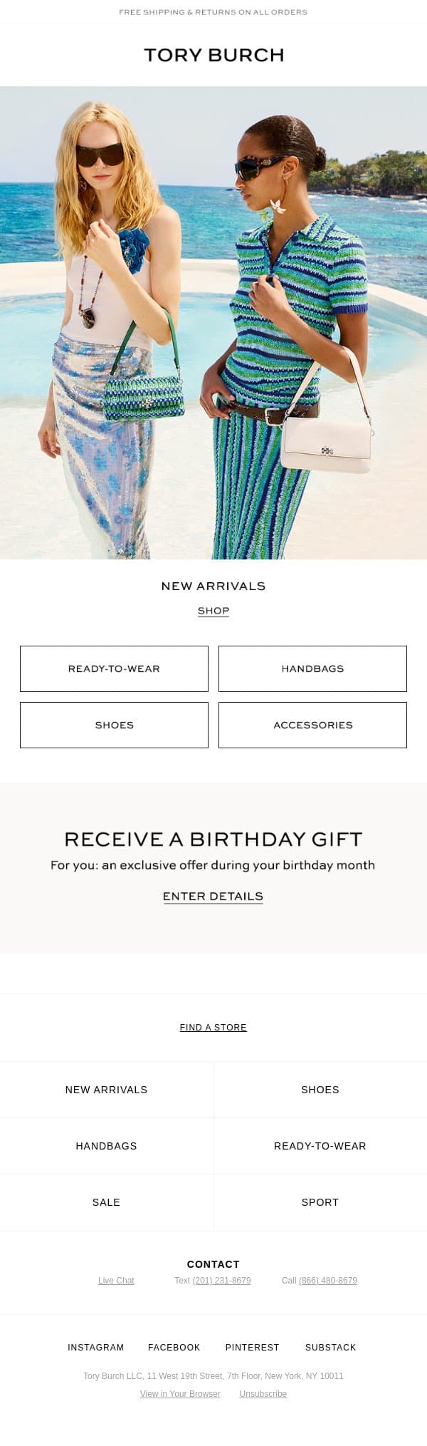 New summer arrivals email from Tory Burch screenshot