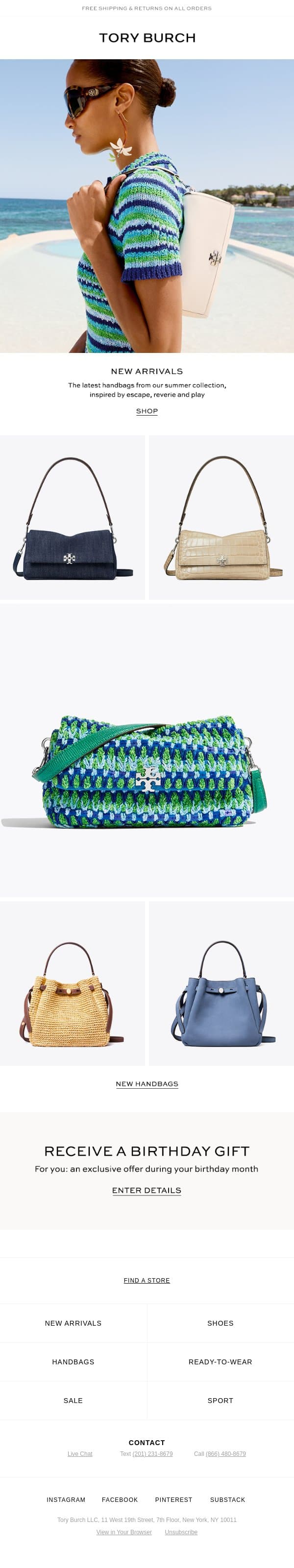 Summer handbags are here email from Tory Burch screenshot