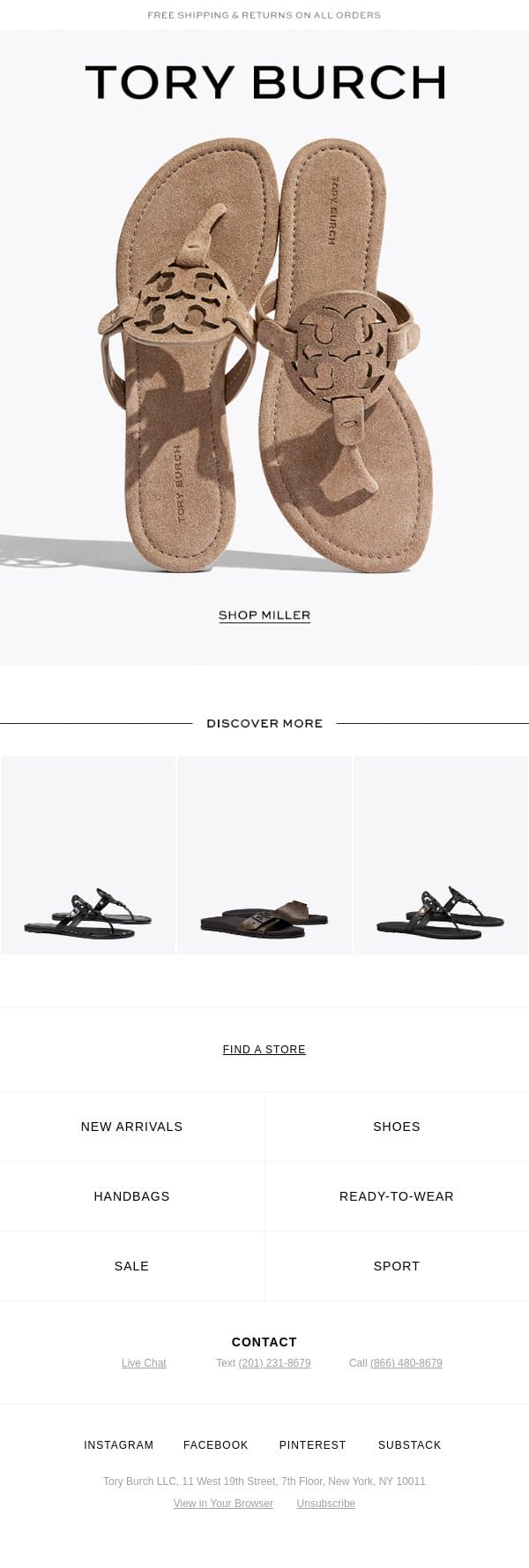 A new summer neutral for Miller email from Tory Burch screenshot
