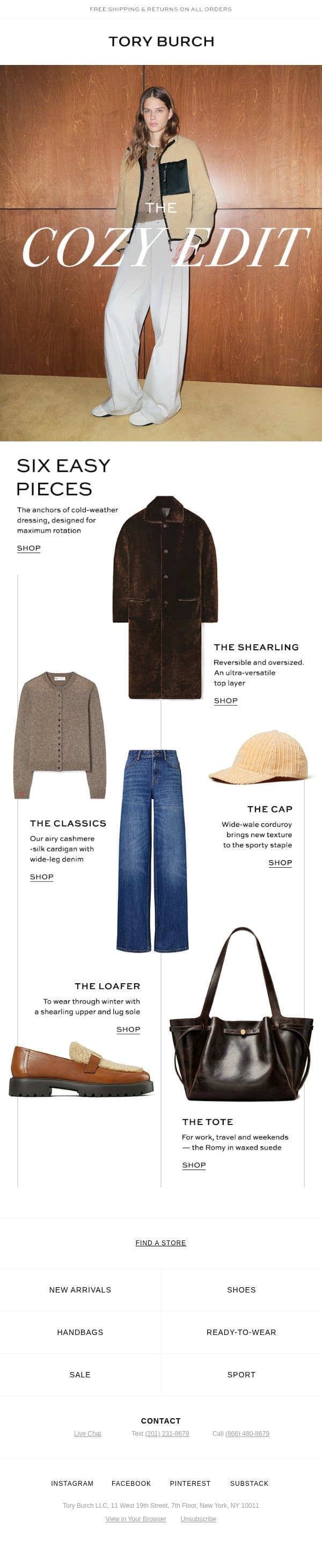 What to wear for cold days ahead email from Tory Burch screenshot