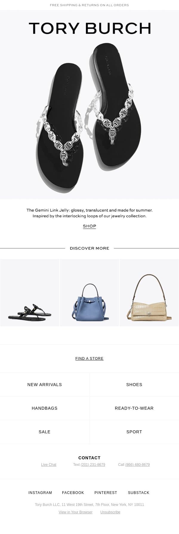 The jelly flip-flop email from Tory Burch screenshot