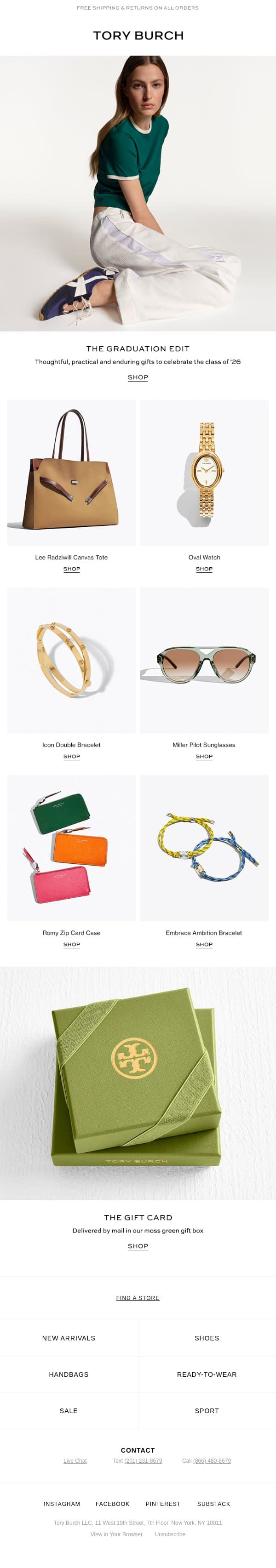 Graduation gifts email from Tory Burch screenshot
