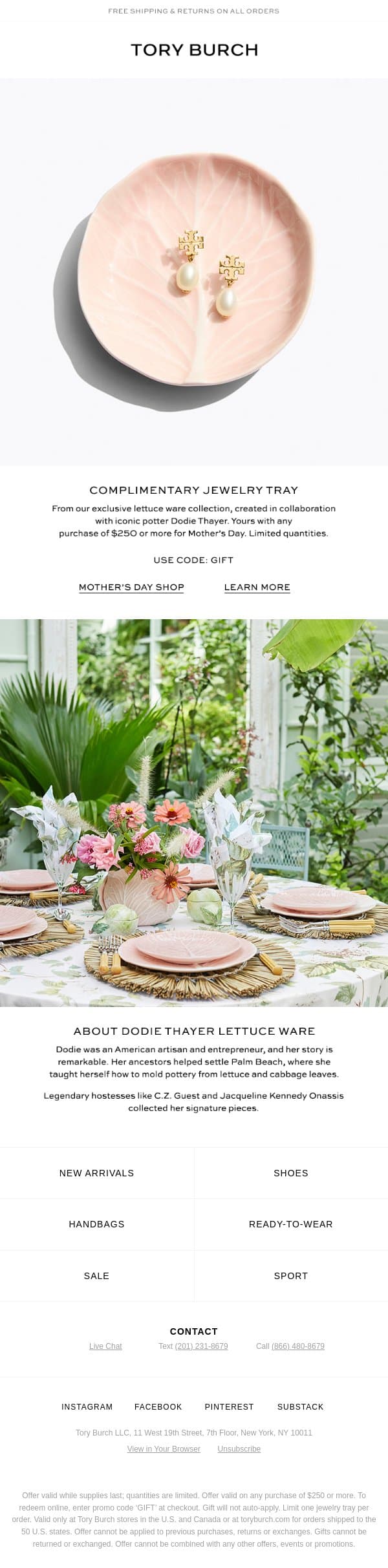 Complimentary Mother's Day gift email from Tory Burch screenshot