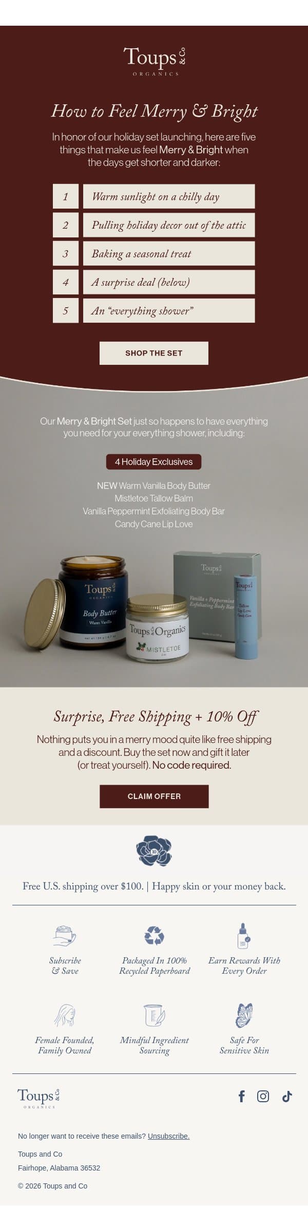 5 ways to feel Merry & Bright email from Toups & Co screenshot